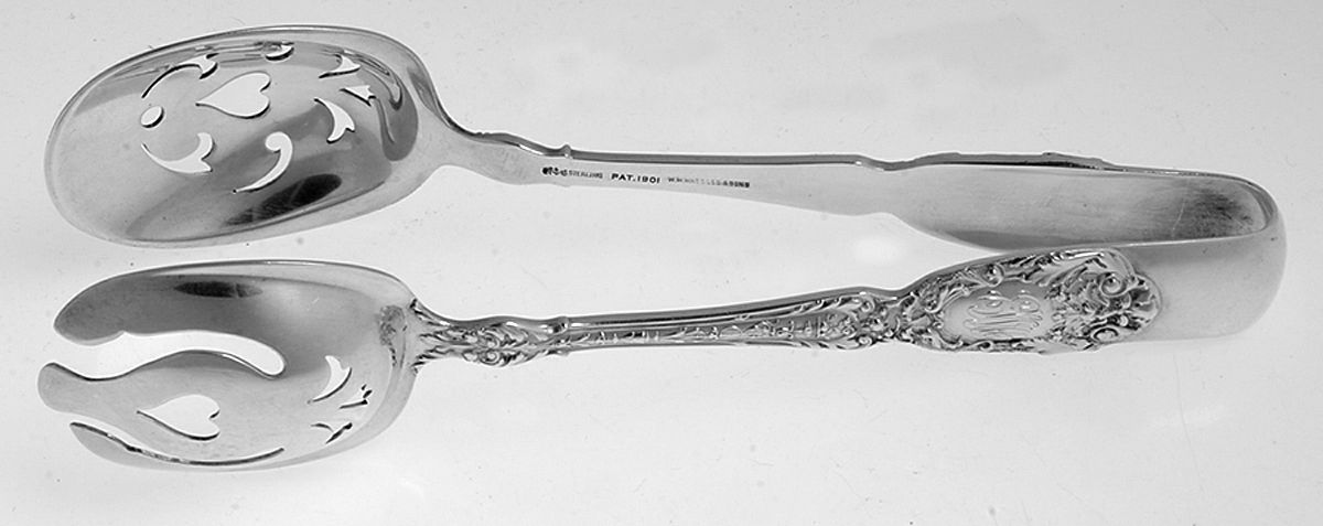Florentine-Florenz (Sterling, 1901, Monograms)  Large Ice Serving Tongs with Bowl Tips by Gorham Silver-1