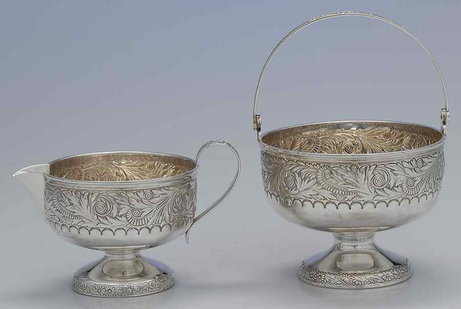 St. Cloud (Sterling, 1885, Hollowware) Creamer & Open Handled Sugar Basket (uses SCR) by Gorham Silver-1