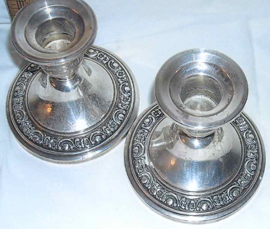 Rochelle (Sterling, Hollowware) Pair of Weighted Candleholders by Gorham Silver-1