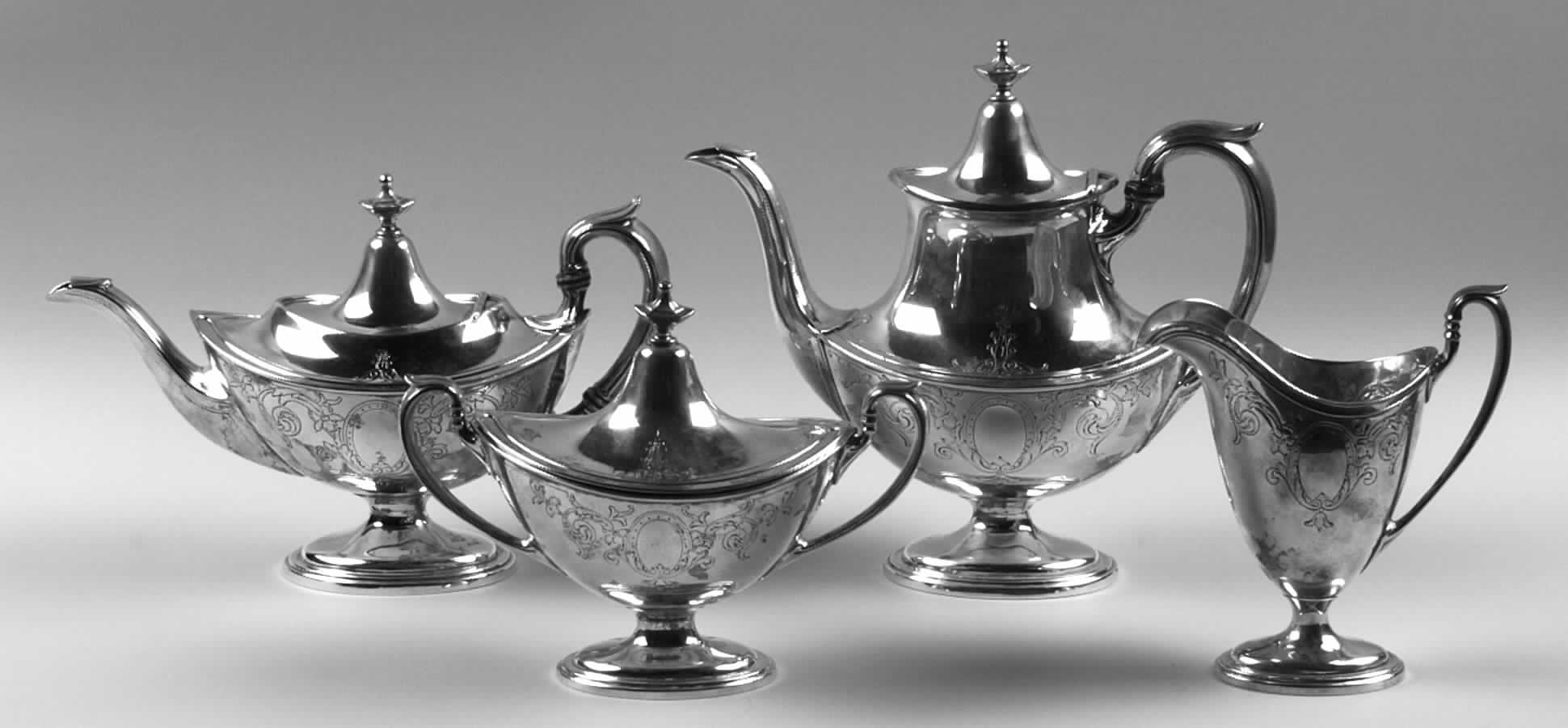 Portsmouth-Engraved (Sterling, 1918, Hollowware) 4 Piece Tea Set (SCP, STP, SCR, SSU) by Gorham Silver-1