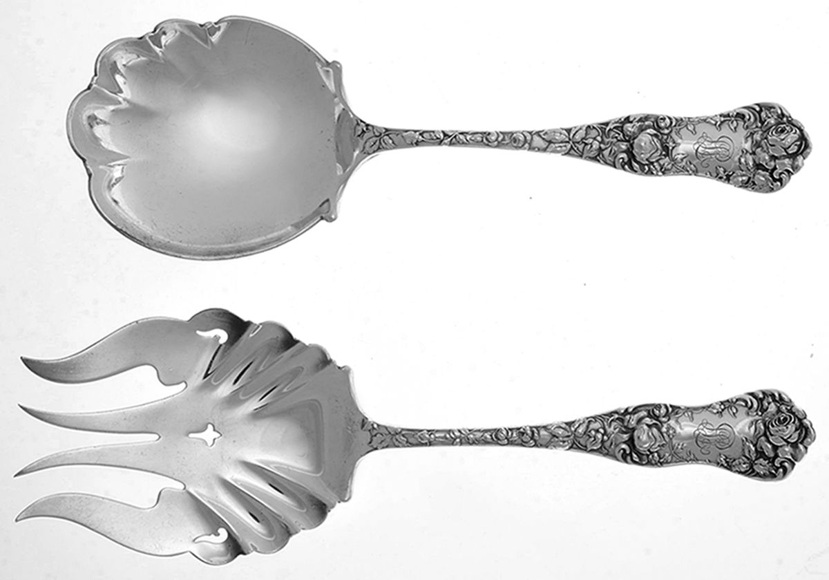 American Beauty (Sterling, 1896, Monograms) Solid Oversized Serving Salad Set by George W Shiebler-1