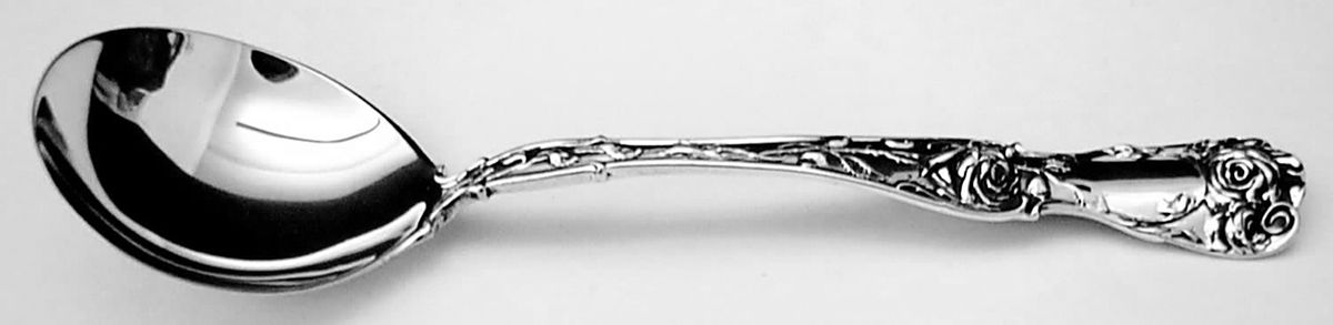 American Beauty (Sterling, 1896, Monograms) Round Bowl Soup Spoon (Gumbo) by George W Shiebler-1
