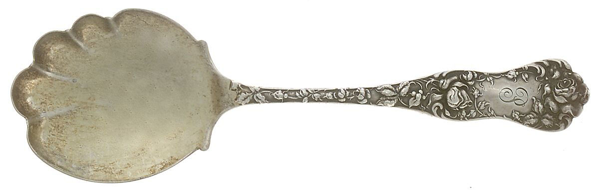 American Beauty (Sterling, 1896, Monograms) Solid Salad Serving Spoon by George W Shiebler-1