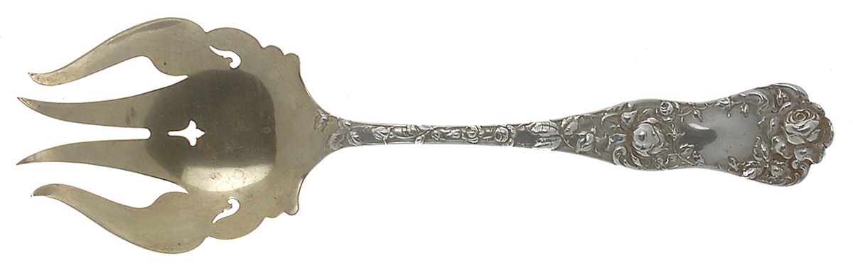 American Beauty (Sterling, 1896, Monograms) Solid Salad Serving Fork by George W Shiebler-1