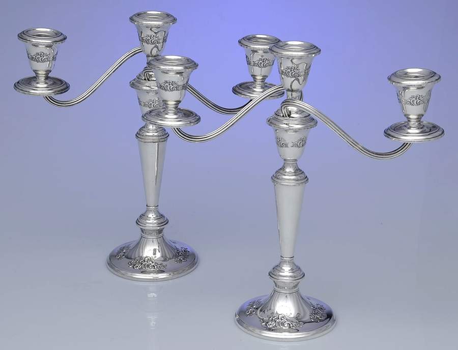 Victorian-Chased (Sterling, Hollowware) Pair of Weighted 3 Light Candelabra by Gorham Silver-1