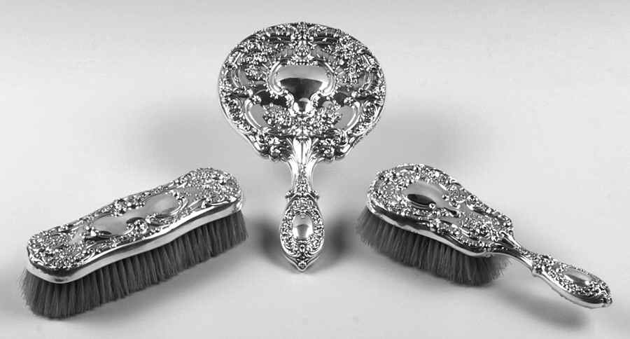 Victorian-Chased (Sterling, Hollowware) 3 Piece Vanity Set (Mirror & 2 Clothes Brushes) by Gorham Silver-1