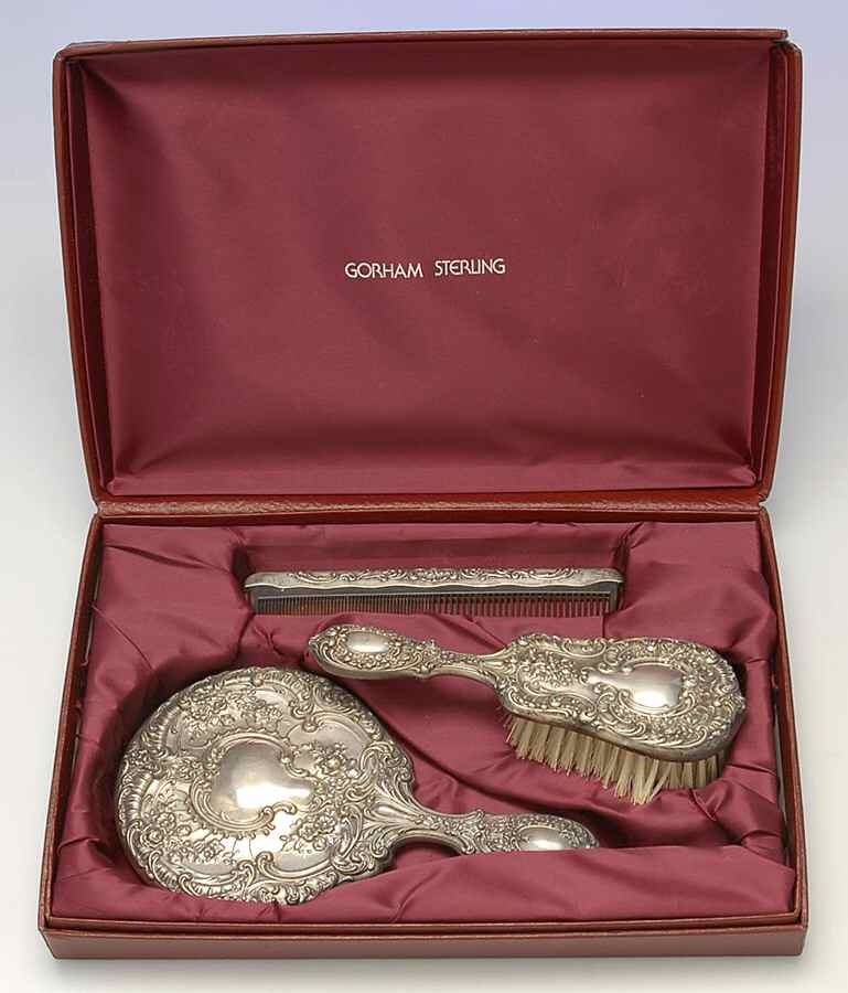 Victorian-Chased (Sterling, Hollowware) 3 Piece Vanity Set W/Case by Gorham Silver-1