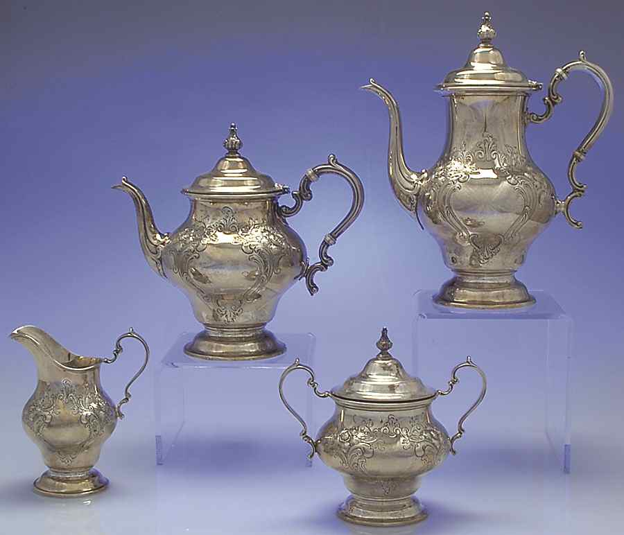 Victorian-Chased (Sterling, Hollowware) 4 Piece Tea Set (SCP, STP, SCR, SSU) by Gorham Silver-1