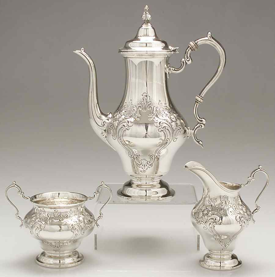 Victorian-Chased (Sterling, Hollowware) 3 Piece Mini Tea Set (CPM1, CRM1, SUOM1) by Gorham Silver-1