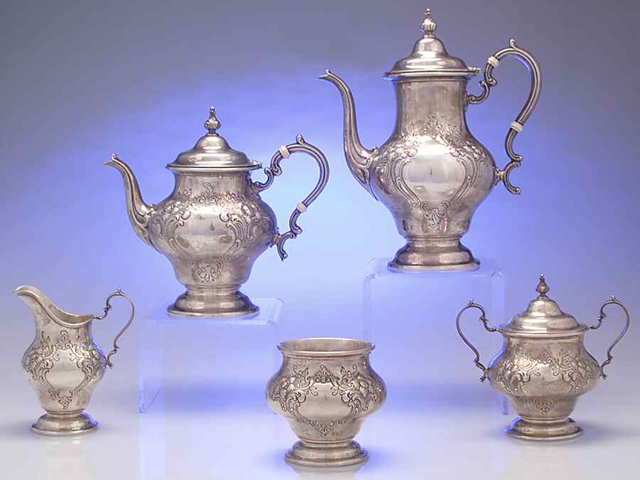 Victorian-Chased (Sterling, Hollowware) 5 Piece Tea Set (SCP, STP, SCR, SSU, SWB) by Gorham Silver-1