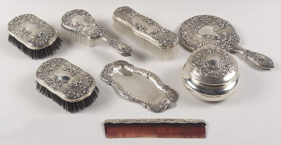 Victorian-Chased (Sterling, Hollowware) 8 Piece Vanity Set by Gorham Silver-1