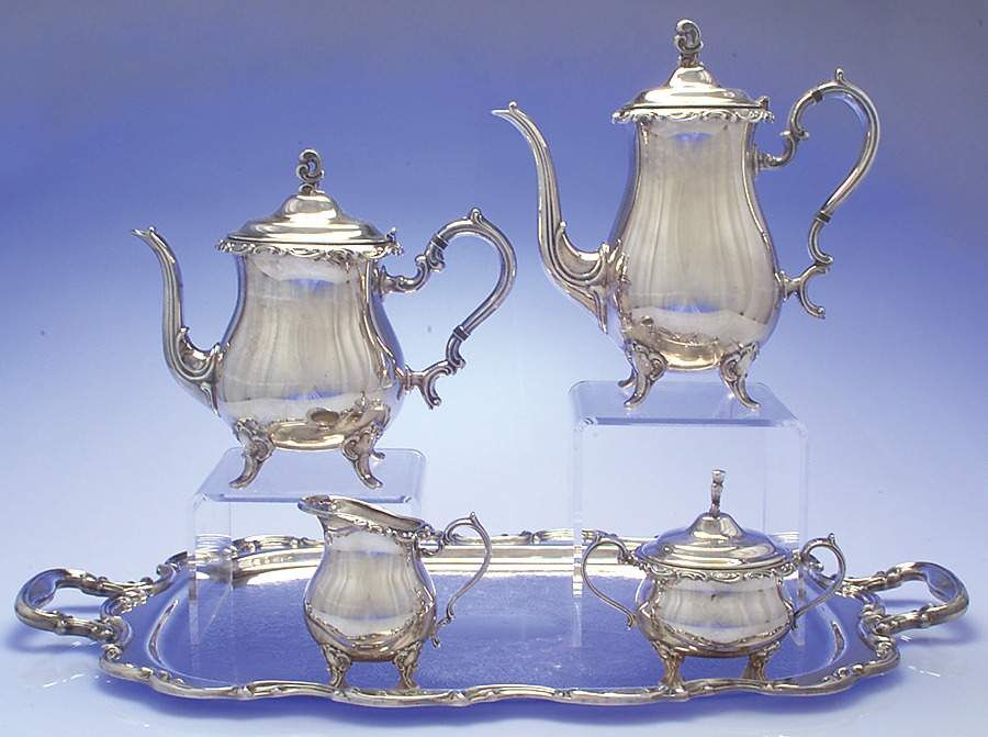 Lady Diane (Silverplate, Hollowware) 5-Piece Silverplate Tea Set (with Tray) by Gorham Silver-1