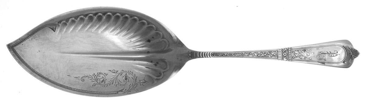 Domestic (Sterling, 1880, Monograms) Large Solid Bright Cut Fish Serving Knife by Gorham Silver-1