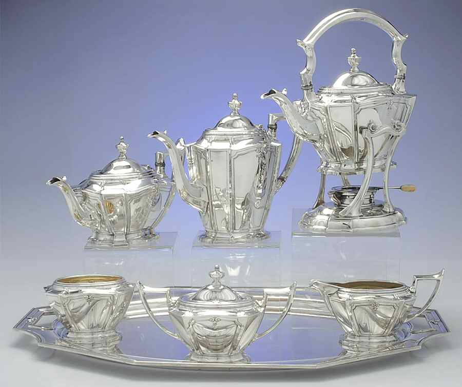 King Albert-Hand Chased(Sterling, Hollowware) 7 Piece Tea Set (SCP, STP, SCR, SSU, SWB, SKES & WTL) by Gorham Silver-1