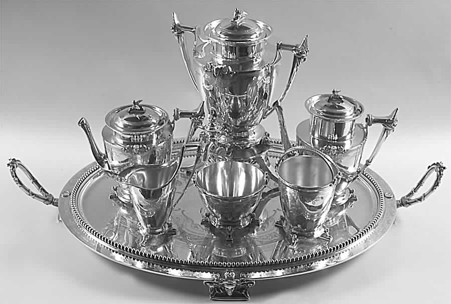 690 (Sterling, Hollowware) 7 Piece Tea Set (SCP, STP, SCR, SSU, SWB, SKES & WTL) by Gorham Silver-1