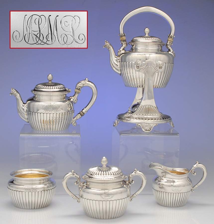 2590 (Sterling, Hollowware, Ribbed) 5 Piece Tea Set (TP1, CR1, SU1, WB1, KES1) by Gorham Silver-1