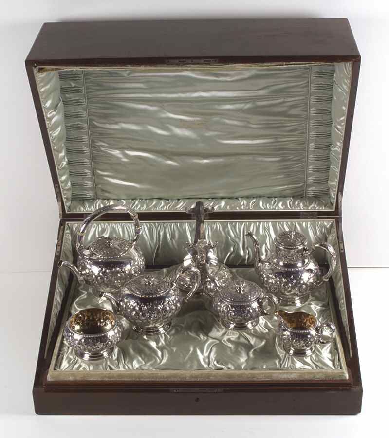 2350 (Sterling, Hollowware) 7 Piece Tea Set (SCP, STP, SCR, SSU, SWB, SKES) by Gorham Silver-1