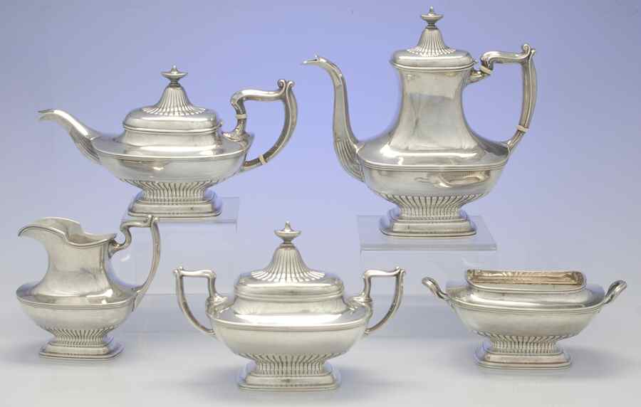 Stafford (Sterling, Hollowware) 5 Piece Tea Set (SCP, STP, SCR, SSU, SWB) by Gorham Silver-1