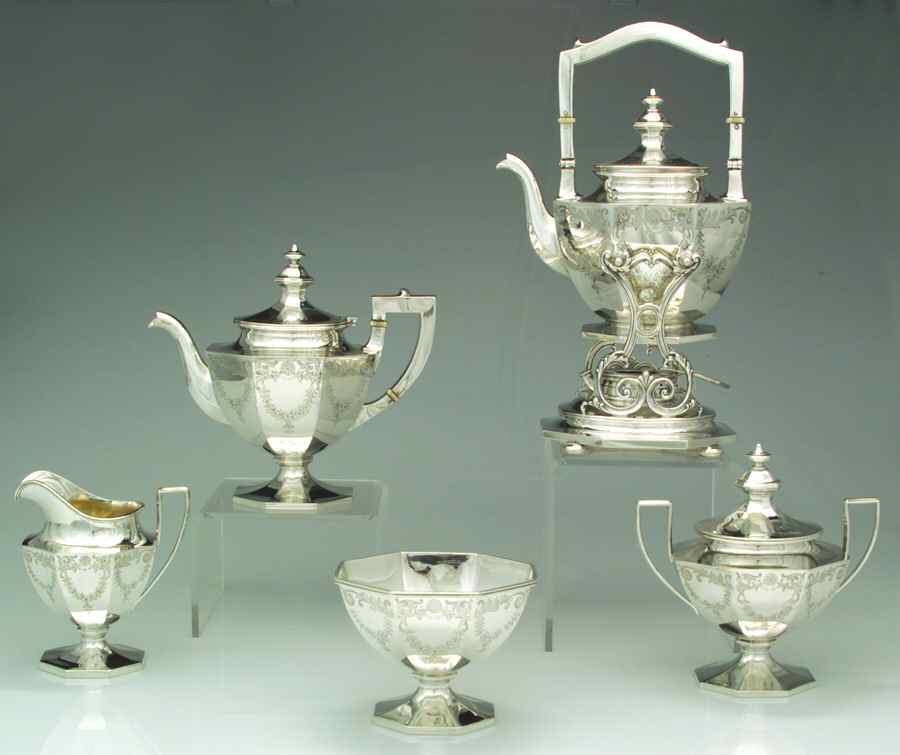 A5751-Engraved (Sterling, Hollowware) 5 Piece Tea Set (STP, SCR, SSU, SWB, SKES) by Gorham Silver-1