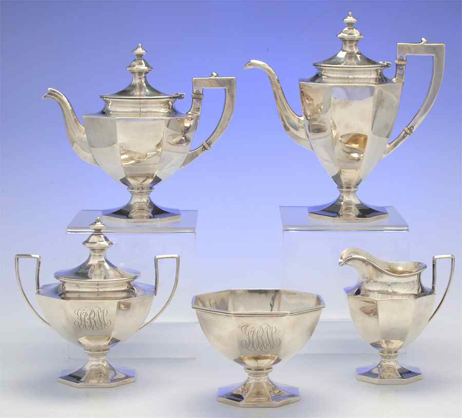 A5751-Engraved (Sterling, Hollowware) 5 Piece Tea Set (SCP, STP, SCR, SSU, SWB) by Gorham Silver-1
