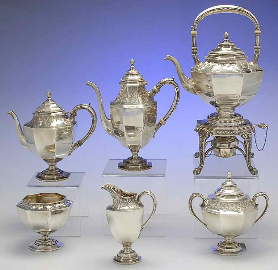 2910 (Sterling, Hollowware) 6 Piece Tea Set (SCP, STP, SCR, SSU, SWB, SKES) by Gorham Silver-1