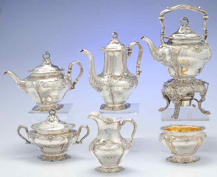 A160 (Sterling, Hollowware) 6 Piece Tea Set (SCP, STP, SCR, SSU, SWB, SKES) by Gorham Silver-1