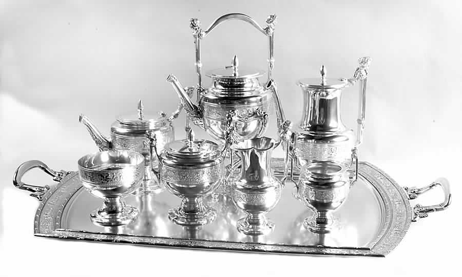 1110 (Sterling, Hollowware) 8 Piece Tea Set (SCP,STP,SCR,SSU,SWB,SKES,SSUO,WTL) by Gorham Silver-1