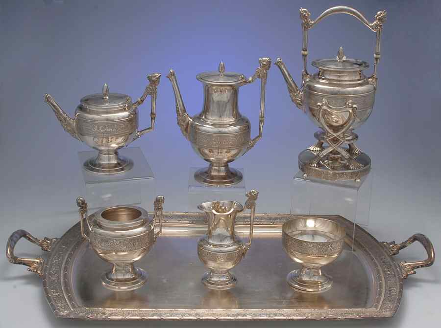1110 (Sterling, Hollowware) 7 Piece Tea Set (SCP, STP, SCR, SSUB, SWB, SKES, WTL) by Gorham Silver-1