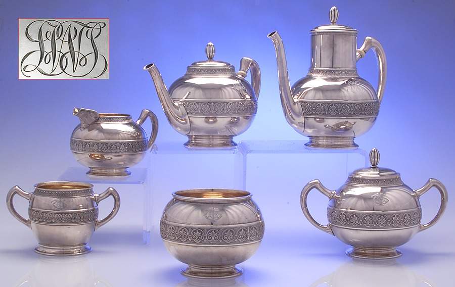 1400 (Sterling, Hollowware) 6 Piece Tea Set (SCP, STP, SCR, SSU, SWB, UTB5) by Gorham Silver-1