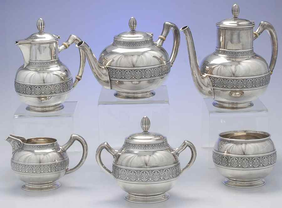 1400 (Sterling, Hollowware) 6 Piece Tea Set (SCP, STP, CHP, SCR, SSU, SWB) by Gorham Silver-1
