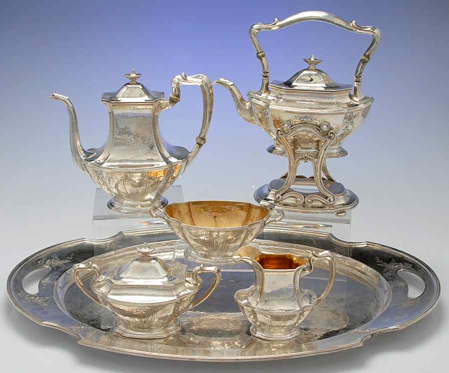 Pattern A (Sterling, Hollowware) 6-Piece Coffee Set (Waste, Kettle & Tray) by Gorham Silver-1