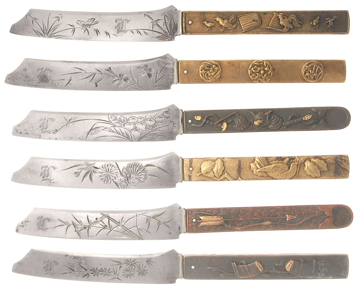 No. 5 (Sterling, 1880) Set/6 Motifs Hollow Hndl Strlng Blade Fruit Knives by Gorham Silver-1