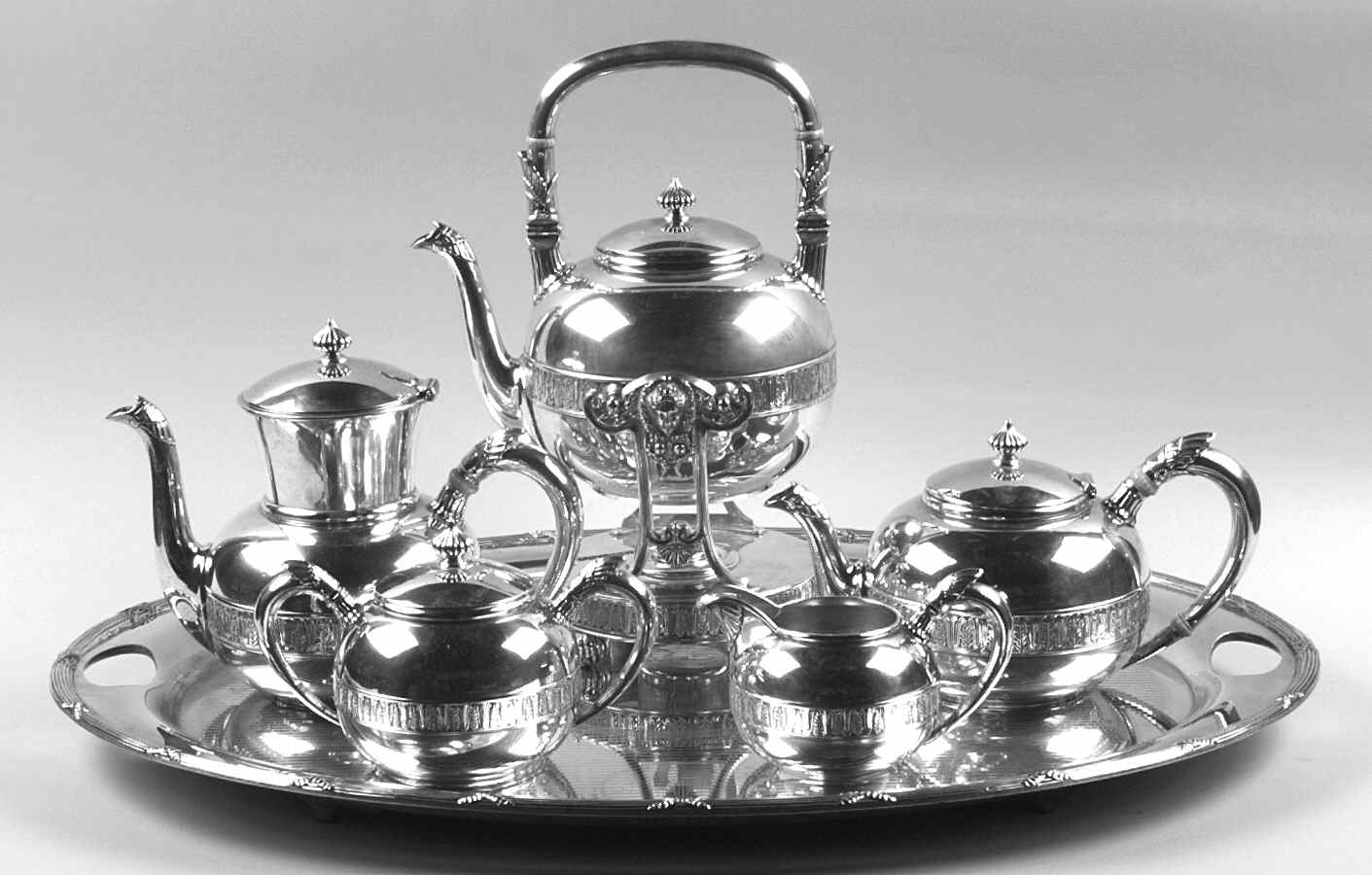 1620 (Sterling, Hollowware) 6 Piece Tea Set (SCP, STP, SCR, SSU, SKES, PWT) by Gorham Silver-1
