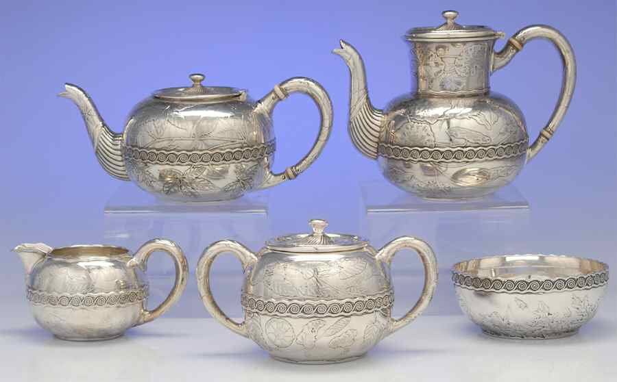 1840 (Sterling, Hollowware) 5 Piece Tea Set (SCP, STP, SCR, SSU, SWB) by Gorham Silver-1