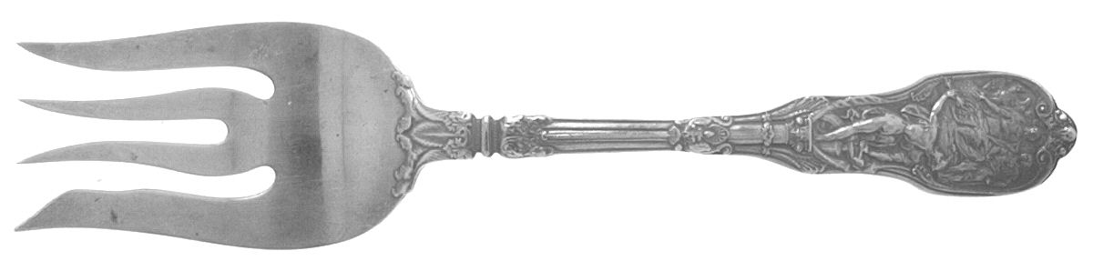Mythologique (Strl, 1894, Old, BeadBorder, NoFaceBowl) Medium Solid Cold Meat Serving Fork by Gorham Silver-1