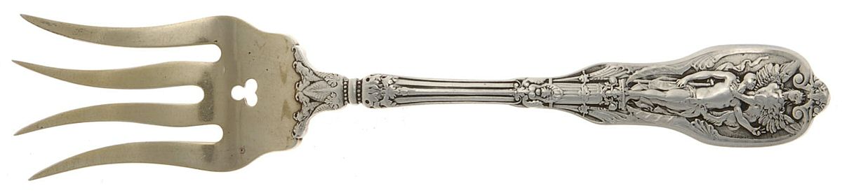 Mythologique (Strl, 1894, Old, BeadBorder, NoFaceBowl) Medium Chipped Beef Fork by Gorham Silver-1
