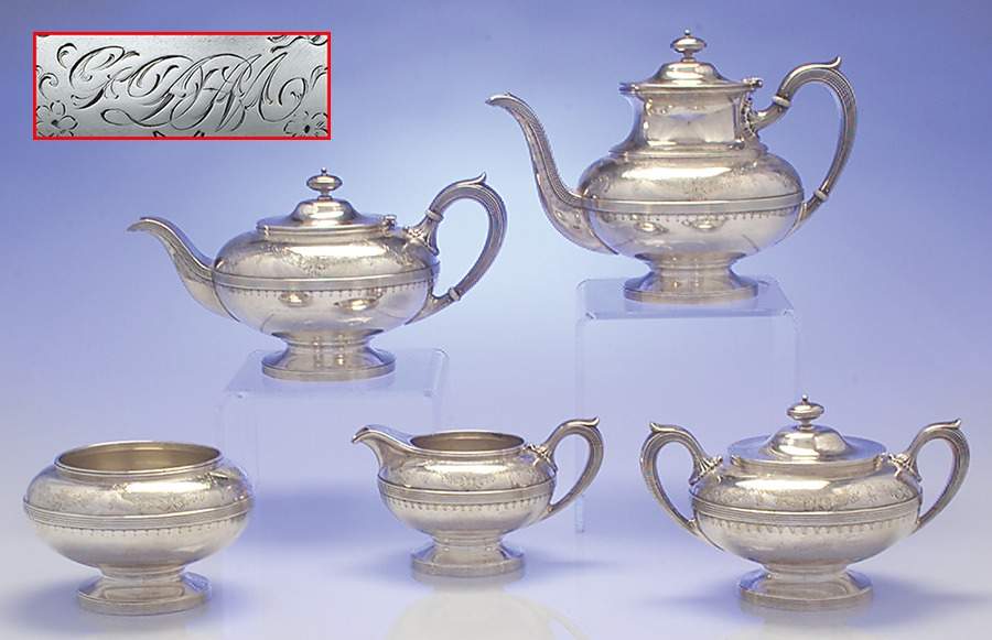 21 (Sterling, Hollowware) 5 Piece Tea Set (SCP, STP, SCR, SSU, SWB) by Gorham Silver-1