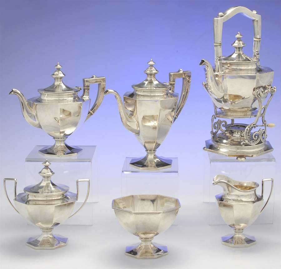 A5751-Plain (Sterling, Hollowware) 6 Piece Tea Set (SCP, STP, SCR, SSU, SWB, SKES) by Gorham Silver-1