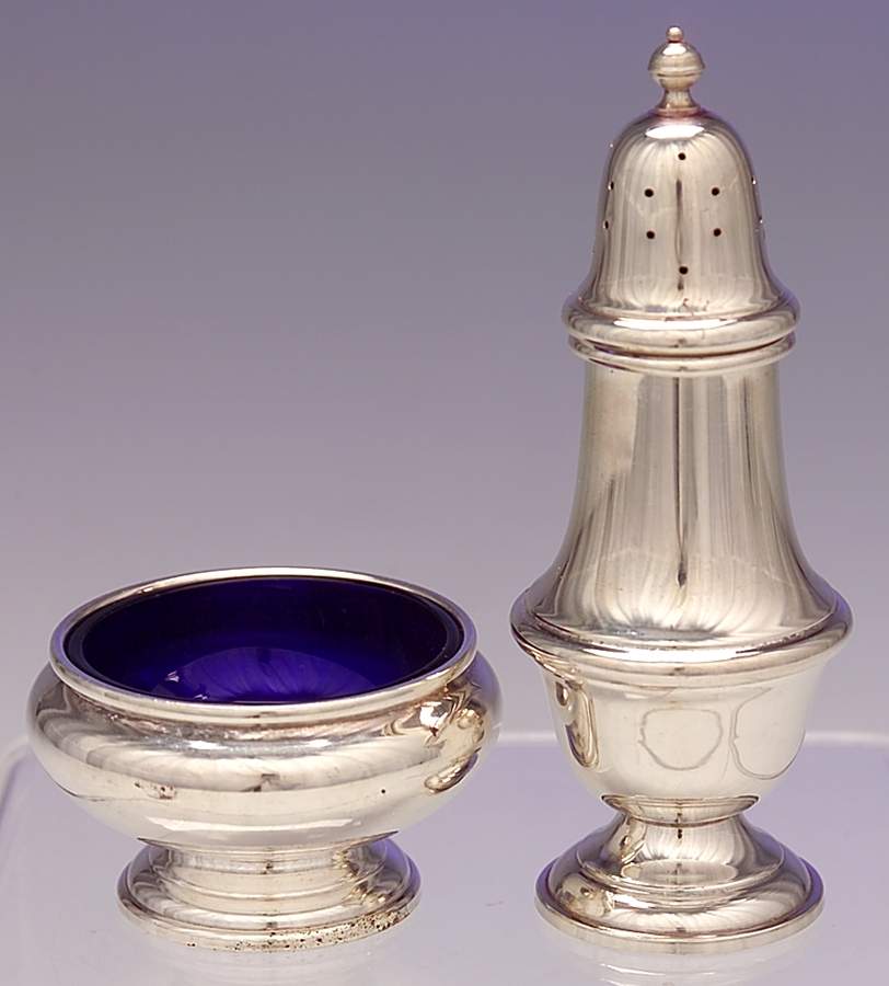 1112-1113 (Sterling, Hollowware) Open Salt Master w/Cobalt Liner & Pepper Shaker by Gorham Silver-1