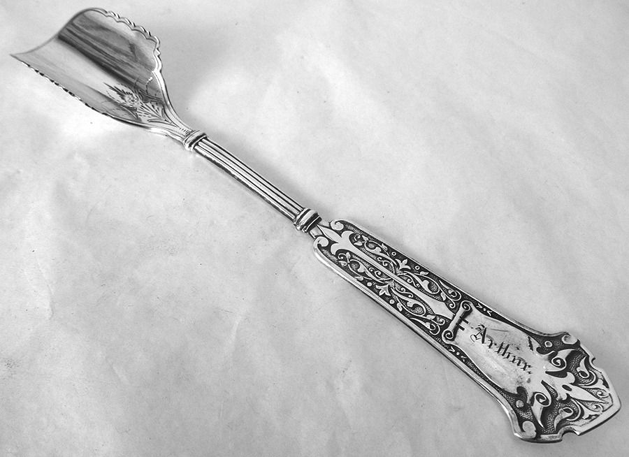 Arabesque (Sterling, 1865) Solid Bright Cut Cheese Scoop by George B Sharp-1