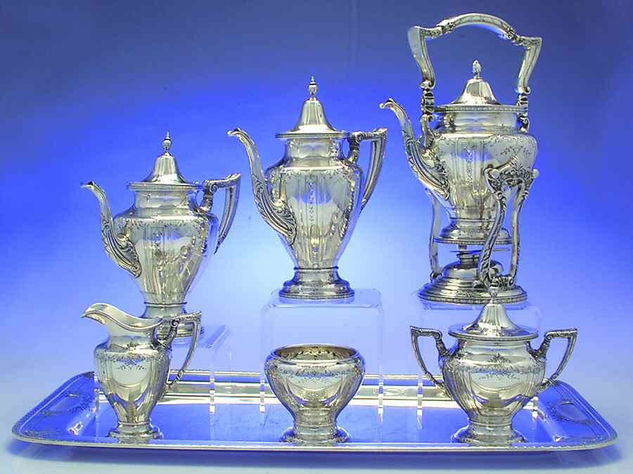7800 (Sterling, Hollowware) 7 Piece Tea Set (SCP, STP, SCR, SSU, SWB, SKES & WTL) by Graff Washbourn & Dunn-1