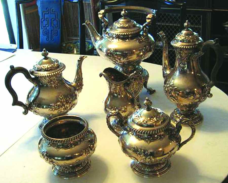 2880 (Sterling, Hollowware) 6 Piece Tea Set (SCP, STP, SCR, SSU, SWB, SKES) by Gorham Silver-1