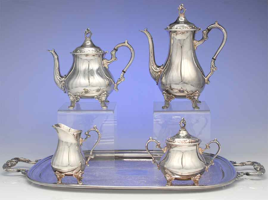 YC1551 (Silverplate, Hollowware) 5pc Tea Set Silverplate with 20' Waiter Tray by Gorham Silver-1