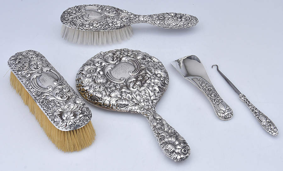 Repousse Chased (Sterilng, Hollowware) (5pc) Dresser Set(SHHM1,MIRM2,CLBM2,SHBM2 & BUHM1) by Gorham Silver-1