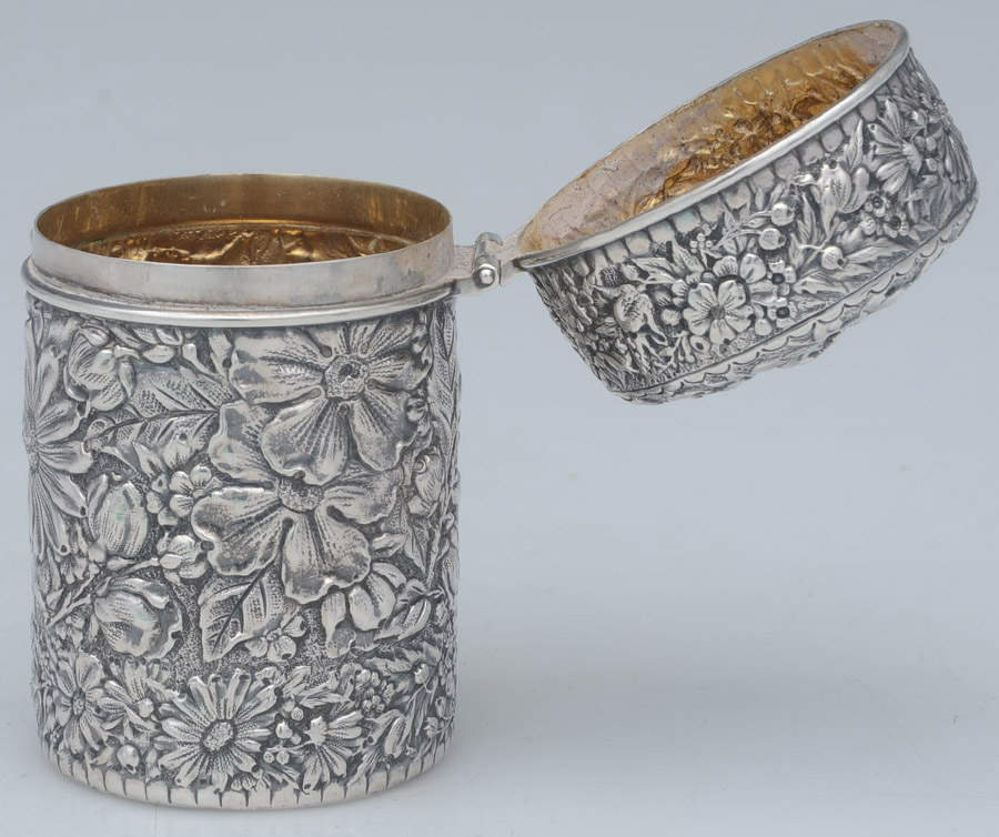 Repousse Chased (Sterilng, Hollowware) Tea Caddy with Hinged Lid by Gorham Silver-3