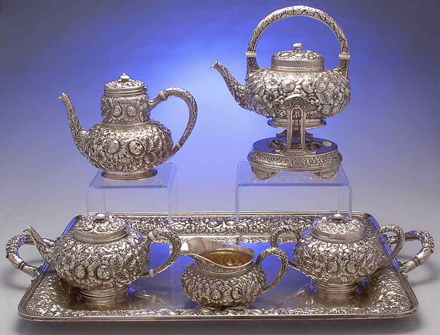 Repousse Chased (Sterilng, Hollowware) 6 Piece Tea Set (SCP, STP, SCR, SSU, SKES, WTL) by Gorham Silver-1