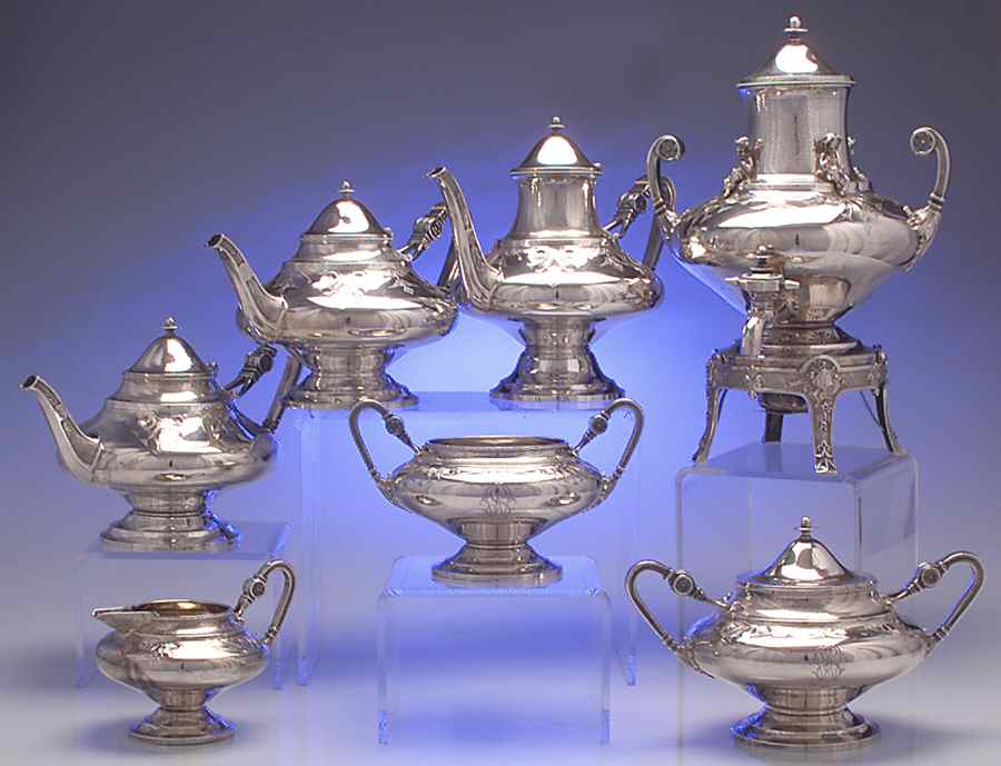 630 (Sterling, Hollowware) 7 Piece Tea Set (SCP, 2 STP, SCR, SSU, SWB, URN) by Gorham Silver-1