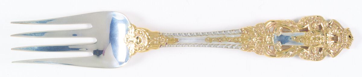 Golden Crown Baroque (Sterling, Partial Gold Accent Medium Solid Cold Meat Serving Fork by Gorham Silver-1