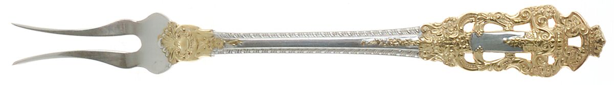 Golden Crown Baroque (Sterling, Partial Gold Accent Short Handle Pickle/Olive Fork by Gorham Silver-1