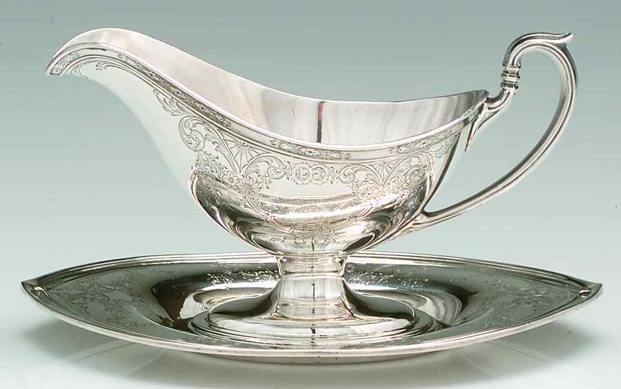 Portsmouth-Engraved (Sterling, Hollowware) Sterling Gravy Boat & Underplate by Gorham Silver-1